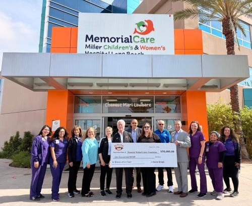 Leaders from Miller Children’s & Women’s Hospital and Racing For Kids gathered outside the hospital in memory of Les Unger, whose philanthropic support and the Toyota Pro/Celebrity Race helped benefit the Cherese Mari Laulhere Child Life Program. In his honor, Racing For Kids donated $50,000 to continue supporting patients and families at Miller Children’s & Women’s.