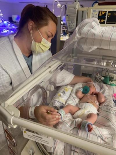 Hadley stabilized in the Neonatal Intensive Care Unti at Miller Children's & Women's Hospital.