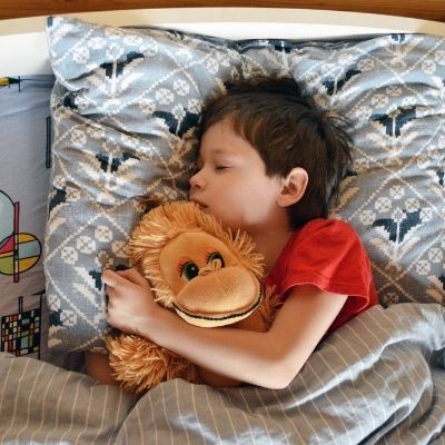 boy sleeping in his bed holding a stuff animale
