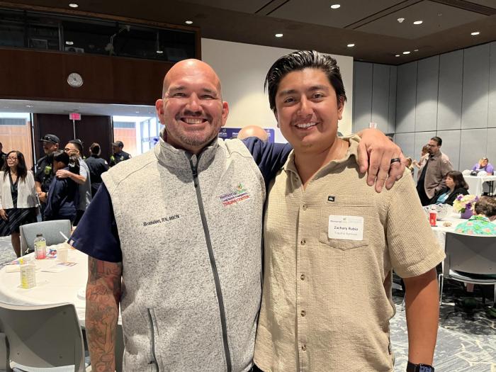 Trauma survivor Zachary Rubio reunites with Brandon Di Miceli, RN, Trauma Center, Long Beach Medical Center, who helped care for him after he was injured in a motorcycle accident in 2024.